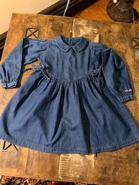Vintage 80s OshKosh B'gosh Dark Blue Denim Dress with Peter Pan Collar